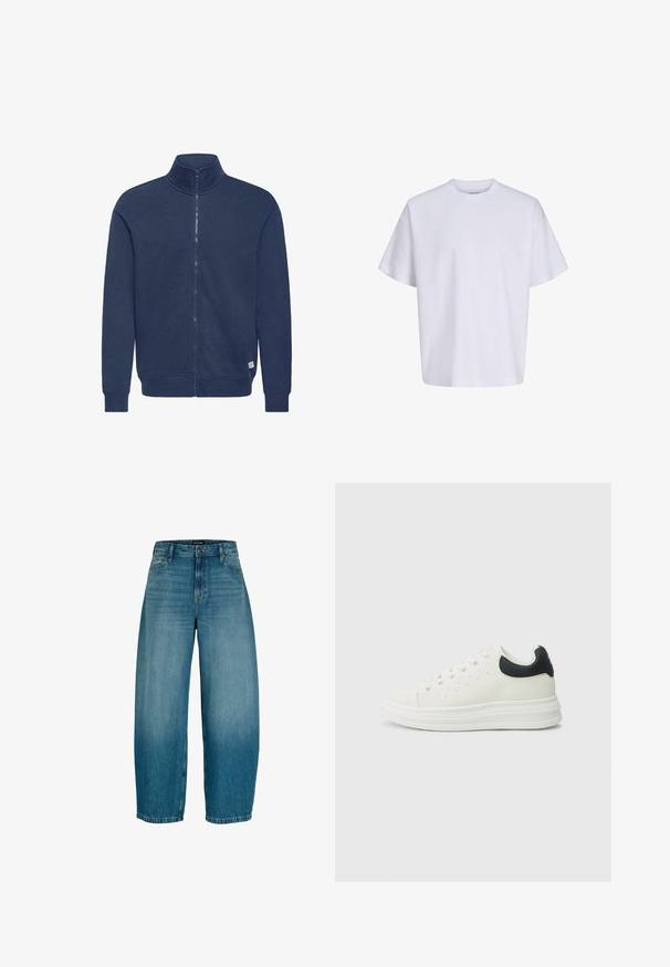 Sweat-shirt zippé bleu marine avec col montant, poignets et ourlet côtelés, fabriqué dans un matériau doux. Présente un petit patch logo en bas.; T-shirt blanc uni oversize à manches courtes, col rond et coupe ample sur fond blanc.; Jean en denim bleu à jambes larges avec fermeture avant par boutons et zipper, passants pour ceinture et poches latérales, présentant un léger délavage au niveau des cuisses.; Baskets en cuir blanc avec un accent noir au talon, bout rond, semelle blanche plate et fermeture à lacets. Perforations minimales sur les côtés.