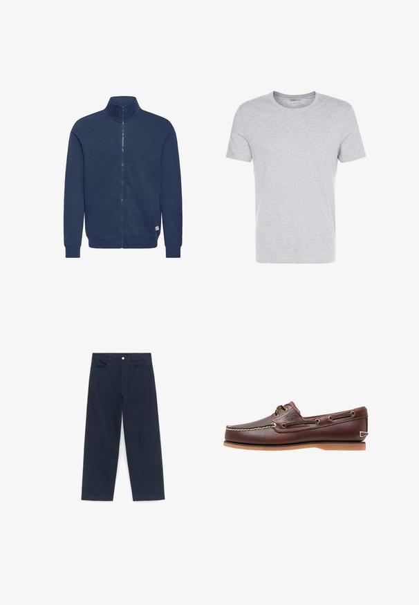 Sweat-shirt zippé bleu marine avec col montant, poignets et ourlet côtelés, fabriqué dans un matériau doux. Présente un petit patch logo en bas.; T-shirt en coton gris avec un col rond, des manches courtes et un design sobre, offrant une texture douce et lisse sans motifs ni embellissements visibles.; Pantalon droit bleu marine avec bouton frontal, fermeture éclair, passants de ceinture et poches avant, posé à plat sur un fond blanc.; Chaussure bateau en cuir marron avec coutures blanches, détails de lacets et semelle en caoutchouc beige, vue de côté sur fond blanc.