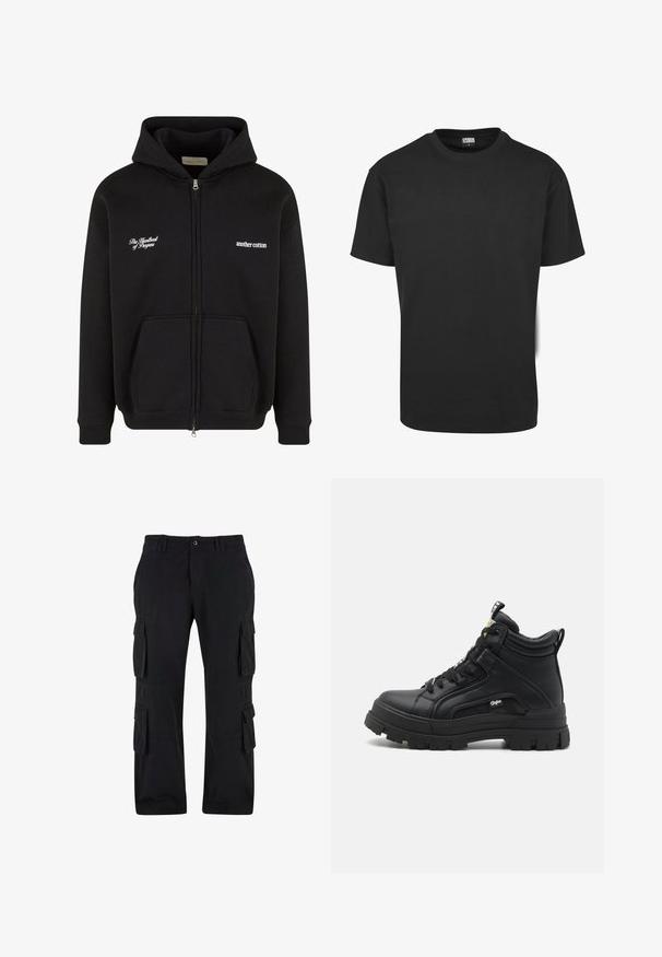 Sort zip-up hoodie lavet af bomuld. Har en frontlomme, ribbede manchetter, og to broderede sætninger i hvid på brystet.; Sort bomuld t-shirt med korte ærmer, rund halsudskæring og almindelig pasform. Stoffet fremstår glat og uden pynt.; Sorte cargo bukser lavet af bomuldsstof, med flere sidelommer, en afslappet pasform og lige ben-design.; Sorte sneakers støvler lavet af tekstureret læder, med en tyk gummisål, snørebånd foran og en lille logo detalje på siden.