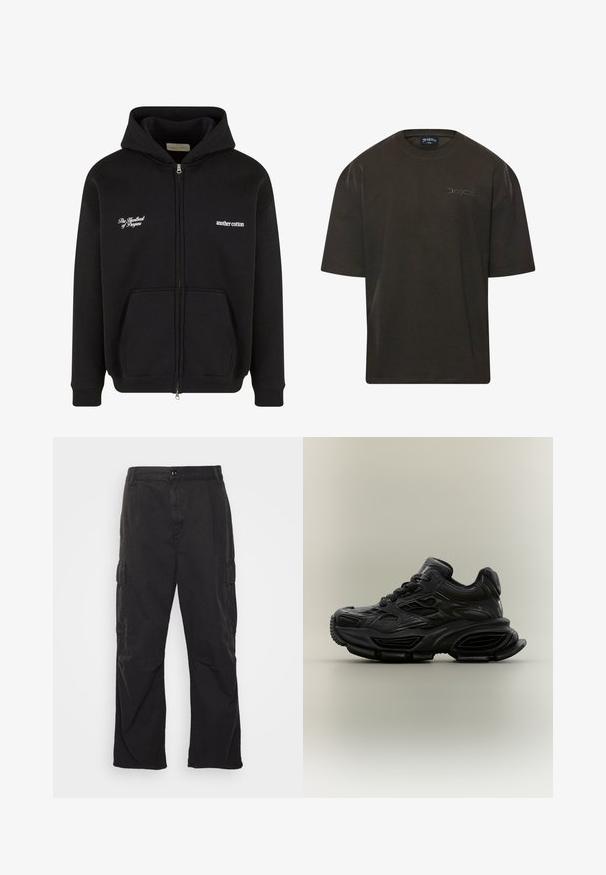 Sort zip-up hoodie lavet af bomuld. Har en frontlomme, ribbede manchetter, og to broderede sætninger i hvid på brystet.; Mørkebrun oversized t-shirt med korte ærmer, rund hals og diskret broderet logo på brystet i en kontrastfarve. Fremstillet af bomuldsstof.; Sorte cargo bukser med lige ben, der har to sidelommer, knaplukning og en struktureret stof.; Sort chunky sneaker med tekstureret design, tyk sål og snørelukning vist mod en almindelig neutral baggrund.