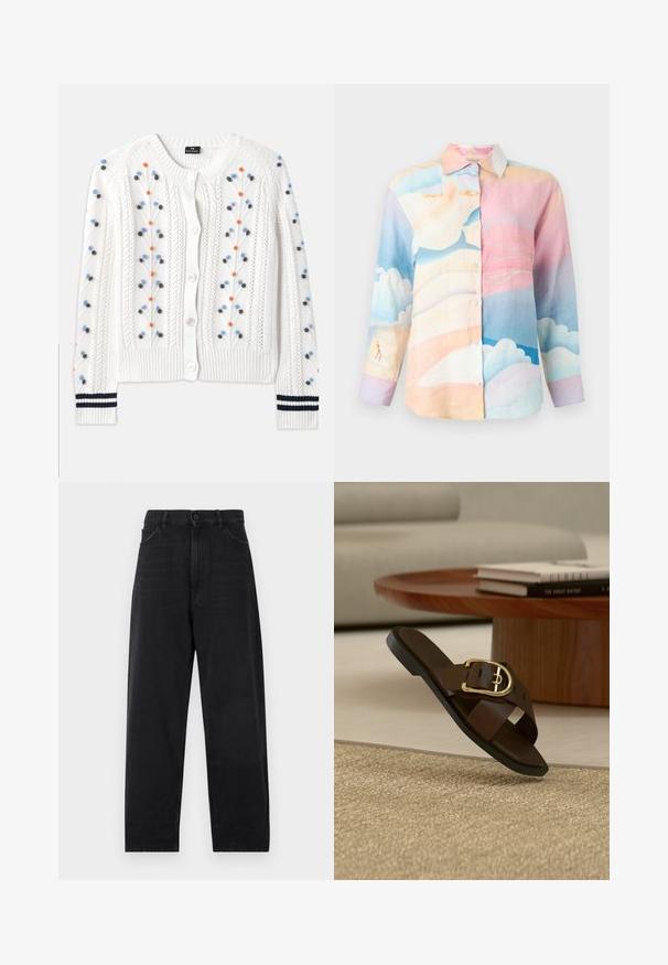 Hvid strikket cardigan med flerfarvet blomsterbroderi, med ribbet kant og manchetter med marineblå striber og knaplukning.; Skjorte med knapper med pastel himmel- og skyemønster i lyserøde, blå og beige toner, med klassisk krave og lange ærmer.; Sorte denimjeans med høj talje, lige ben-design, knaplukning og klassisk fem-lomme stil. Glat tekstur med diskret syning.; Brun læder slip-on sandal med guldbøjle på beige tæppe, træ sofabord og bøger i baggrunden.