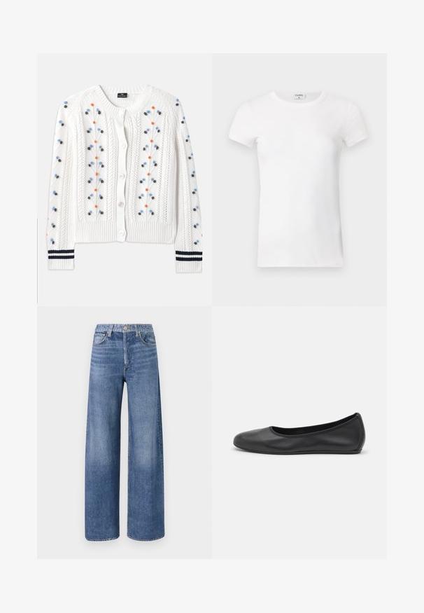Witte gebreide cardigan met veelkleurige bloemen borduursels, voorzien van een geribbelde zoom en manchetten met navy strepen en knoopsluiting.; Wit geribd T-shirt met korte mouwen en een ronde hals. De stof lijkt glad met een getailleerde pasvorm. Logo zichtbaar op de kraag.; Lichtblauwe, wijd-uitlopende spijkerbroek van denim, met een hoge taille, klassiek vijf-pocket ontwerp en een lichte vervaging voor een versleten look.; Zwarte leren ballerina met een ronde neus, gladde textuur, minimale stikdetails en een flexibele zoolontwerp.