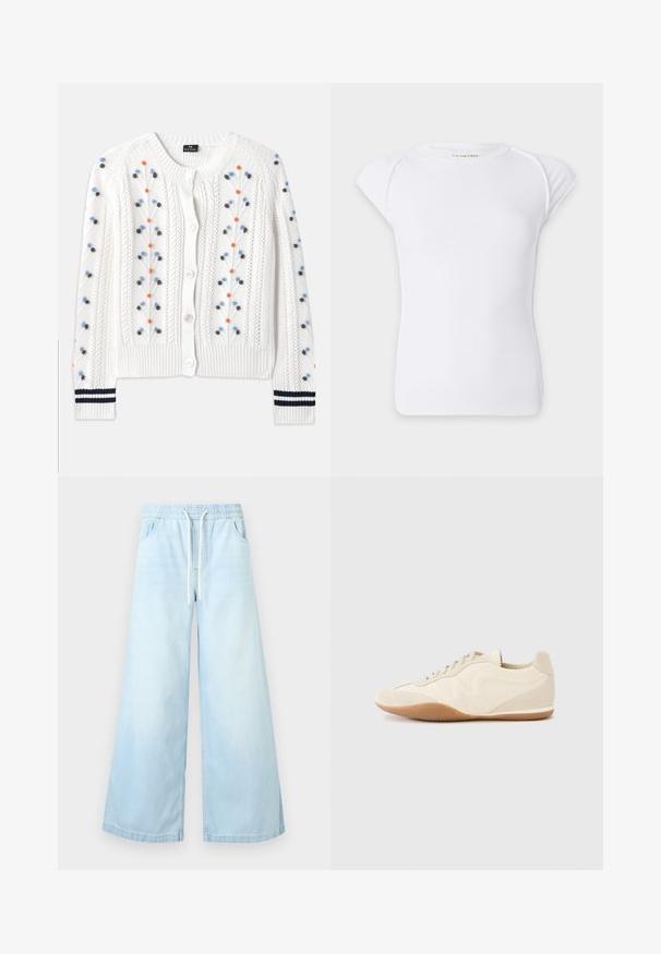 Witte gebreide cardigan met veelkleurige bloemen borduursels, voorzien van een geribbelde zoom en manchetten met navy strepen en knoopsluiting.; Wit kortemouw geribbeld gebreid T-shirt met een ronde halslijn en licht oversneden schouders op een effen achtergrond.; Lichtblauwe jeans met wijde pijpen, een elastische tailleband en een wit trekkoord, met voorzakken en een ontspannen pasvorm.; Lichtbeige sneakers met een textuur van leer op het bovenwerk, getextureerde zijpanelen en een rubberen zool. Voorzien van een slank, gestroomlijnd ontwerp en platte veters.
