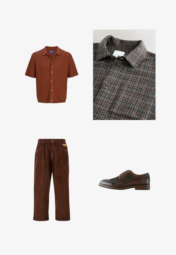 Polo en tricot marron à manches courtes, avec un motif diamant texturé, fermeture par boutons et col classique. Confectionné à partir d'un tissu doux.; Chemise en mélange de laine avec un motif à carreaux dans des nuances de vert, marron et bleu, fermeture par boutons et col ; tissu texturé.; Pantalons en velours côtelé marron avec une texture ribbed, jambes droites, poches avant et un logo brodé jaune près de la taille.; Chaussure brogue à bout wingtip en cuir marron foncé avec perforations décoratives, fermeture à lacets et semelle en bois avec talon superposé.