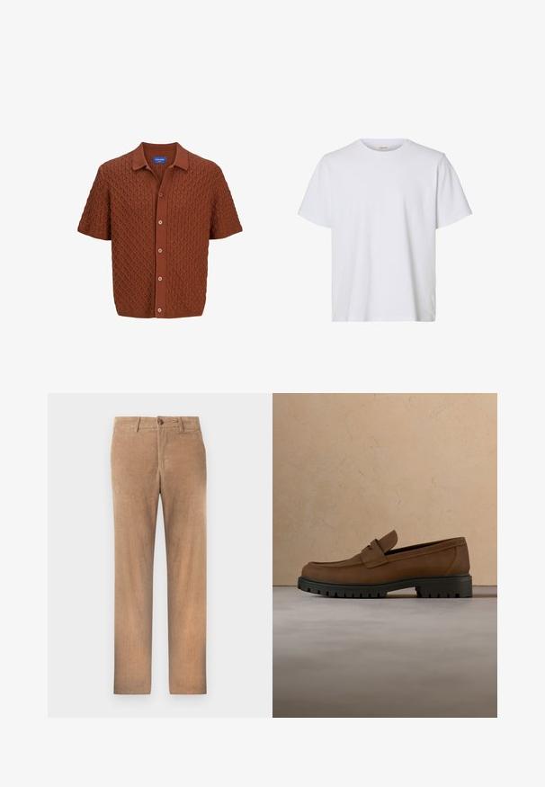 Polo en tricot marron à manches courtes, avec un motif diamant texturé, fermeture par boutons et col classique. Confectionné à partir d'un tissu doux.; T-shirt blanc uni à manches courtes, col rond, coupe régulière et texture de tissu lisse, présenté sur fond blanc.; Pantalons en velours côtelé marron, coupe droite, avec fermeture à bouton et poches latérales. Texture douce avec des côtes visibles et une finition lisse.; Mocassin en cuir marron foncé avec semelle épaisse en caoutchouc noir présenté au-dessus d’un tapis beige et d’un canapé en arrière-plan.