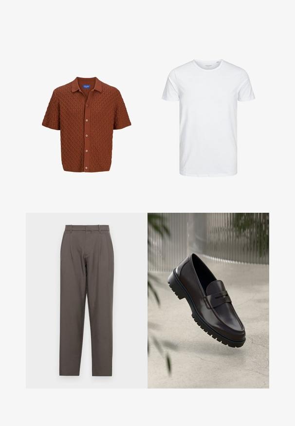 Polo en tricot marron à manches courtes, avec un motif diamant texturé, fermeture par boutons et col classique. Confectionné à partir d'un tissu doux.; T-shirt à col rond à manches courtes de couleur blanche unie, fabriqué en coton doux, avec un design simple sans motifs ni accents visibles.; Jack & Jones Classic Wide Leg Fit - Pantalon classique - pavement; Mocassins en cuir marron avec une semelle en caoutchouc texturée et striée. Présente un design épuré et une sangle décorative sur le cou-de-pied.