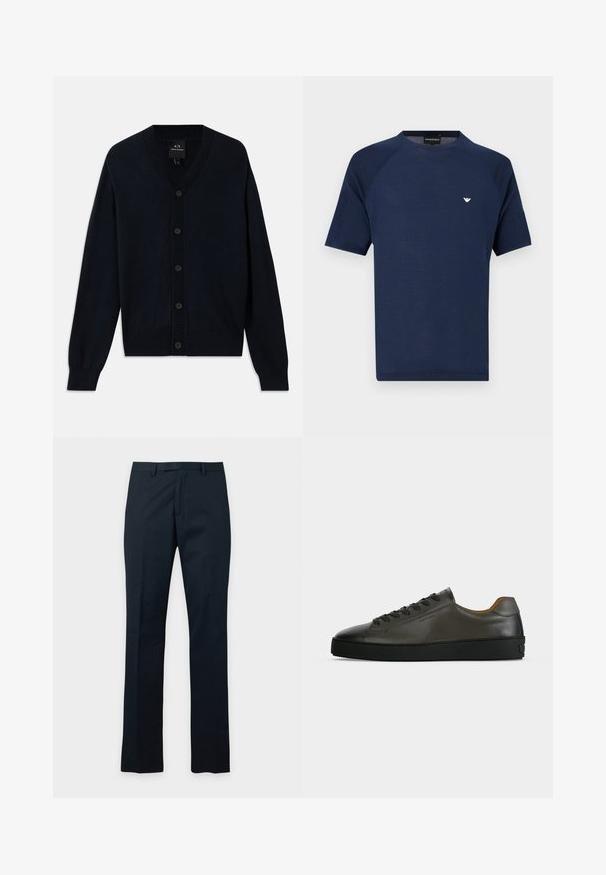 Marineblå cardigan lavet af fint strikstof, med V-udskæring, syv knapper foran og ribbede manchetter og kant.; Mørkeblå T-shirt med korte ærmer og rund hals, med lille hvid ørnelogo på venstre bryst og strukturerede raglanærmer.; Mørk marineblå bukser med lige ben, bæltestropper og skjult frontlynlås, vist på hvid baggrund.; Lavtskåret mørkegrå læder sneaker med sorte snørebånd og sål, minimalistisk design, sideprofil på en ensfarvet lys baggrund.