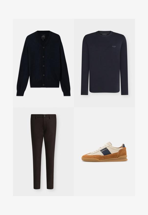 Cardigan bleu marine en tissu fin tricoté, avec un décolleté en V, sept boutons sur le devant et des poignets et un ourlet côtelés.; T-shirt noir à manches longues avec col rond, petit logo blanc « GUESS EST. 1981 » sur la poitrine gauche.; Pantalon habillé marron foncé à jambe droite, avec passants de ceinture et fermeture à bouton devant, présenté à plat sur fond blanc.; PS Paul Smith DOVER - Baskets basses - cognac/off-white