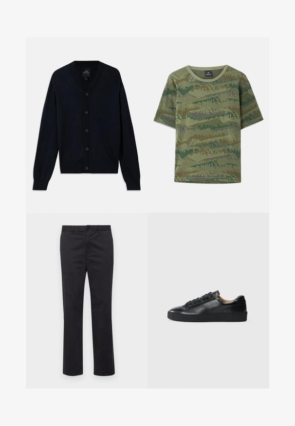 Cardigan bleu marine en tissu fin tricoté, avec un décolleté en V, sept boutons sur le devant et des poignets et un ourlet côtelés.; T-shirt en camouflage vert en coton. Manches courtes, col rond, avec un motif de montagnes superposées dans des teintes variées de vert et de marron.; Pantalons en coton noir avec une coupe droite, dotés d'une fermeture à bouton et de passants de ceinture. Texture lisse, sans motifs ni accents visibles.; Baskets en cuir noir avec une texture lisse, bout rond et fermeture à lacets. Comprend une semelle en caoutchouc épaisse et un minimum de détails de marque.