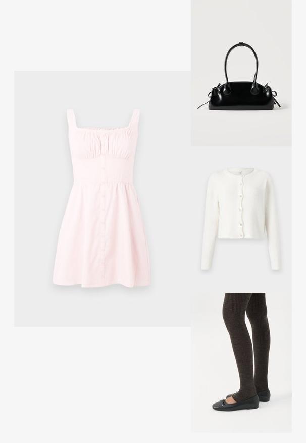 Cardigan blanc fabriqué en tissu doux et texturé. Présente un col rond, des manches longues et six boutons ressemblant à des perles sur le devant.; Robe sans manches rose clair avec décolleté carré et boutons à l'avant, présentant une taille cintrée et une jupe évasée.; Jambes portant des leggings côtelés foncés associés à des ballerines noires avec de petits détails en nœud sur fond blanc.; Petit sac à main noir brillant avec deux longues anses et des détails à cordon sur les côtés sur un fond clair uni.
