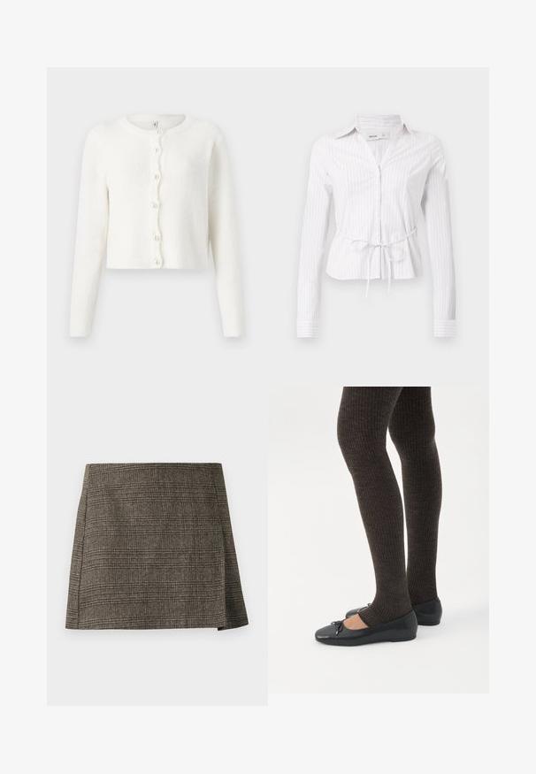 Witte cardigan gemaakt van zachte, gestructureerde stof. Heeft een ronde halslijn, lange mouwen en zes parelachtige knopen aan de voorkant.; Wit overhemd met lange mouwen, lichte verticale strepen, knoopsluiting en een detail van een strik in de taille. Stevige stof met een kraag en omgeslagen mouwen.; Bruine en grijze geruite minirok met een subtiele zijsluiting, rechte snit en textielstof.; Benen met donkere geribbelde leggings gecombineerd met zwarte ballerina's met kleine strikdetails op een witte achtergrond.