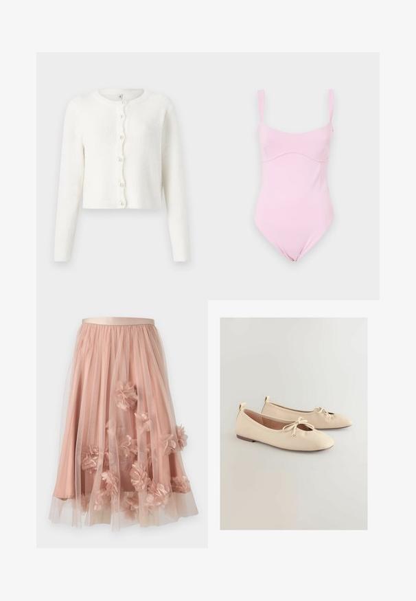 Cardigan blanc fabriqué en tissu doux et texturé. Présente un col rond, des manches longues et six boutons ressemblant à des perles sur le devant.; Good American TANK - Débardeur - flora; Jupe en tulle rose pâle avec une ceinture en satin. Comprend plusieurs couches de tissu transparent et des appliqués floraux en trois dimensions sur toute la surface.; Ballerines beiges présentant un bout arrondi, un petit nœud décoratif et une semelle basse et plate. Texture lisse avec un design minimaliste.