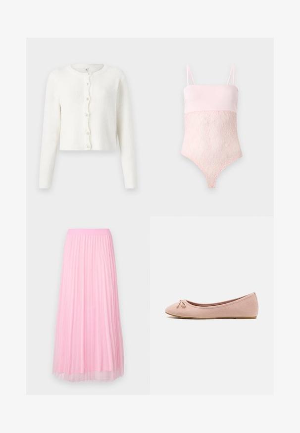 Cardigan blanc fabriqué en tissu doux et texturé. Présente un col rond, des manches longues et six boutons ressemblant à des perles sur le devant.; Body en dentelle rose clair avec bretelles spaghetti et une partie supérieure lase sur un fond clair uni.; Jupe plissée rose avec une texture douce et légère, dotée d'une ceinture élastique, ornée de petits accents métalliques dispersés.; Des ballerines en suede rose doux avec un bout arrondi et un petit nœud sur le devant, dotées d'une semelle plate basse.