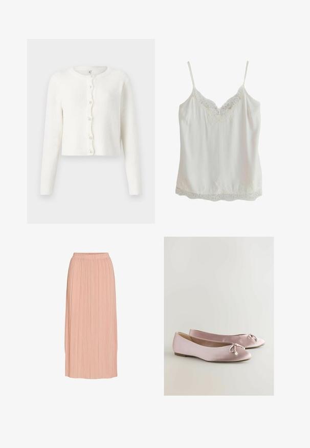 Cardigan blanc fabriqué en tissu doux et texturé. Présente un col rond, des manches longues et six boutons ressemblant à des perles sur le devant.; Camisole blanche sans manches avec fines bretelles et bordure en dentelle au niveau de l'encolure et de l'ourlet, fabriquée en tissu lisse.; Jupe midi plissée rose clair avec ceinture élastique, silhouette droite et fines plis verticaux sur fond blanc.; Ballerines en satin rose avec un bout rond, un nœud décoratif et un accent en perle. Semelle plate avec une texture lisse et un profil bas.