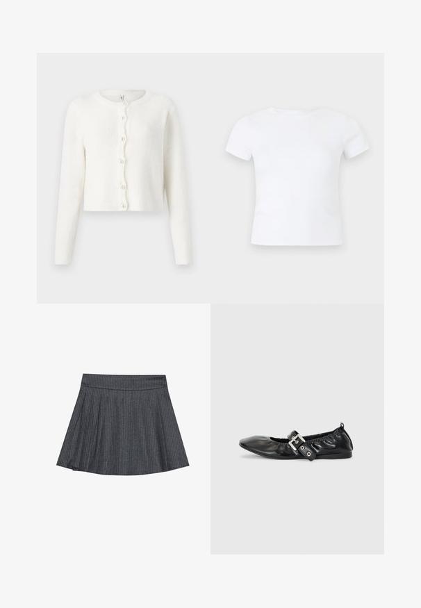 Witte cardigan gemaakt van zachte, gestructureerde stof. Heeft een ronde halslijn, lange mouwen en zes parelachtige knopen aan de voorkant.; Effen wit T-shirt met korte mouwen en een ronde hals, getoond op een neutrale lichtgrijze achtergrond.; Grijze pinstriped skaterrok met een aansluitende tailleband, uitlopende A-lijnvorm en zachte stoftextuur. Verticale lijnen vergroten de visuele belangstelling.; Zwarte leren platte schoen met een spitse neus, geplooide details rond de opening en een zilveren gespaccentueerde verstelbare band.