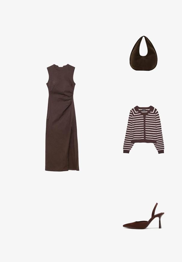 Cardigan à rayures marron et crème, au design court, avec un col rond et six boutons à l'avant, doté de poignets et d'un ourlet côtelés.; Robe midi sans manches de couleur marron foncé avec une fente latérale et des détails froncés sur la taille droite, sur fond blanc.; Chaussure à talon haut brun à bout pointu avec bride arrière, dotée d'un talon fin et courbé, photographiée sur fond blanc.; Sac à main en daim marron foncé en forme de croissant avec une seule sangle large et une texture lisse sur fond blanc.