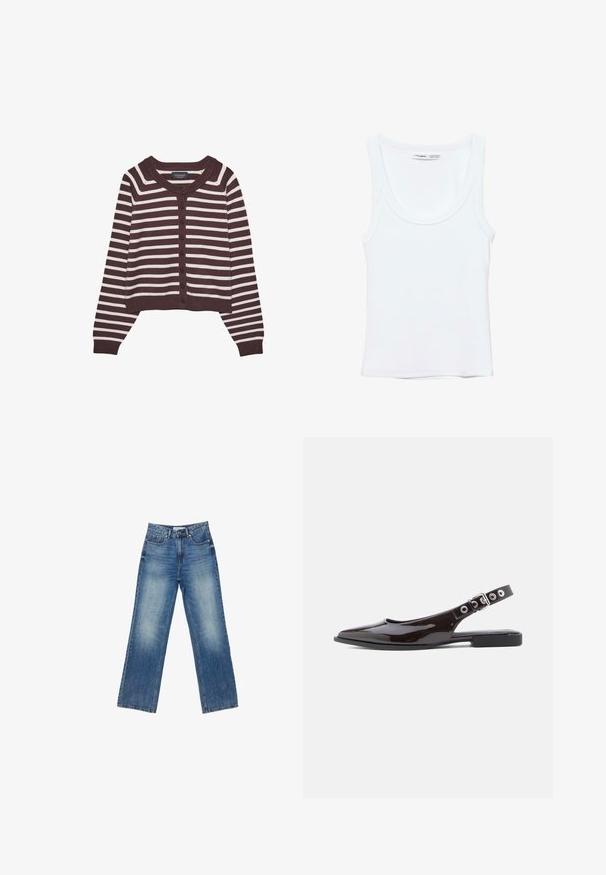 Brun og creme-stribet cardigan, kort design, med rund halsudskæring og seks frontknapper, samt ribbede manchetter og kant.; Hvid, ærmeløs top med rund halsudskæring, lavet af blødt stof. Mærkat indeni kraven viser mærke og størrelsesoplysninger.; Blå denim wide-leg jeans med en falmet finish, fem lommer, synlig syning, knap- og lynlåslukning, samt en lige pasform.; Sorte slingback-flats i lakeret læder med spids tå, flad hæl og justerbar rem med sølvfarvet hardware og nitteaccents.