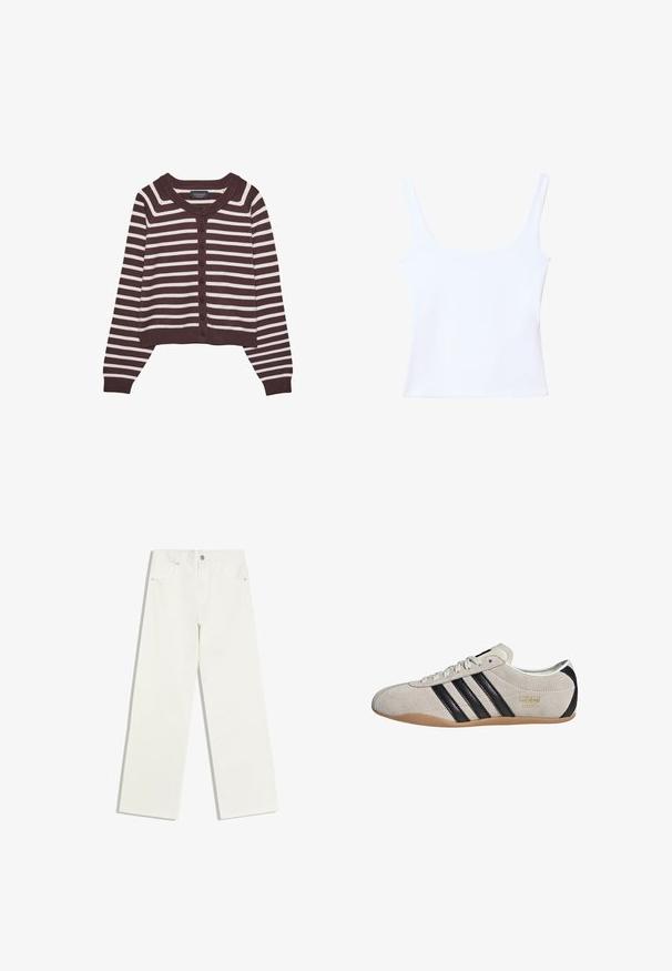 Brun og creme-stribet cardigan, kort design, med rund halsudskæring og seks frontknapper, samt ribbede manchetter og kant.; Hvid tanktop med firkantet halsudskæring, brede stropper og tætsiddende pasform. Lavet af glat, strækbart stof for komfort.; Hvide jeans med højt liv og lige ben, med forlommer og knaplukning på hvid baggrund.; Suedesneakers med en grå overdel, sorte striber og en gummisål. Har snørelukning og en guldfarvet logo-detalje på siden.