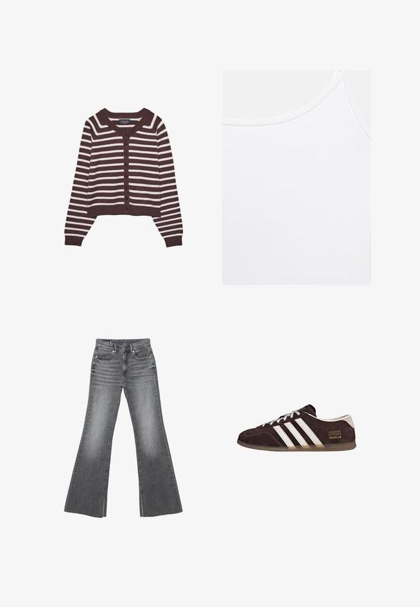 Cardigan à rayures marron et crème, au design court, avec un col rond et six boutons à l'avant, doté de poignets et d'un ourlet côtelés.; Débardeur blanc uni avec encolure arrondie et coutures visibles le long des bords.; Jean en denim gris délavé avec taille haute, bouton à l'avant et fermeture éclair, doté de jambes évasées larges et de poches avant et arrière.; Baskets en suède marron avec trois bandes blanches, semelle en caoutchouc, et étiquette avec le texte "Gazelle" en or. Fermeture à lacets avec lacets gris.