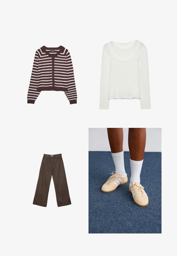Cardigan à rayures marron et crème, au design court, avec un col rond et six boutons à l'avant, doté de poignets et d'un ourlet côtelés.; Haut superposé à manches longues blanc pour femmes avec encolure dégagée et silhouette ajustée, présenté à plat sur un fond blanc.; Pantalons en denim marron à coupe large avec un design classique à cinq poches, dotés d'une fermeture à bouton et d'une texture lisse.; Personne portant des baskets Adidas beiges avec des rayures blanches et des chaussettes blanches, se tenant sur un sol en moquette bleue.