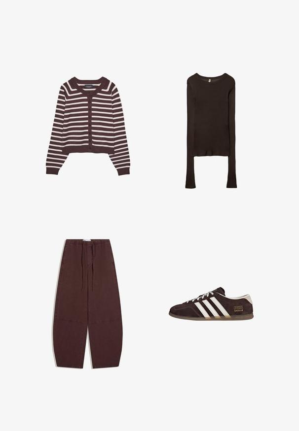 Brun og creme-stribet cardigan, kort design, med rund halsudskæring og seks frontknapper, samt ribbede manchetter og kant.; Langærmet, tætsiddende top lavet af mørkebrun stof. Rund halsudskæring, glat tekstur og let forlængede ærmer uden manchetter.; Løse, mørkebrune bukser med elastisk talje og snoretræk, med synlige syningsdetaljer langs benene.; Brune ruskindssneakers med tre hvide striber, gummisål og tekstlabel med ordene "Gazelle" i guld. Snørebåndsdesign med grå snørebånd.
