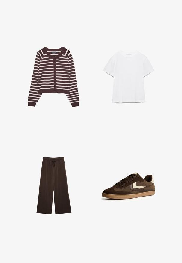 Brun og creme-stribet cardigan, kort design, med rund halsudskæring og seks frontknapper, samt ribbede manchetter og kant.; Hvid, kortærmet T-shirt med rund hals og lige kant, vist på en hvid baggrund.; Brune brede bukser med snøre i taljen. Fremstillet af blødt stof, med lodrette sømme ned ad fronten for ekstra detalje.; Brune ruskind og stof lav-top sneakers med beige accenter, gummisål, snørelukning og minimalistisk design på hvid baggrund.