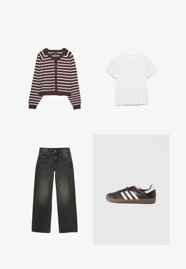 Brun og creme-stribet cardigan, kort design, med rund halsudskæring og seks frontknapper, samt ribbede manchetter og kant.; Hvid, kortærmet T-shirt med rund hals og lige kant, vist på en hvid baggrund.; Sorte jeans med brede ben, falmede detaljer, knap foran, lynlås og fem lommer lagt fladt på en hvid baggrund.; Mørkebrune lædersneakers med hvidt tre-stribet design, en gummisål og "Samba" i gyldne bogstaver på siden. Klassisk lavtopform.