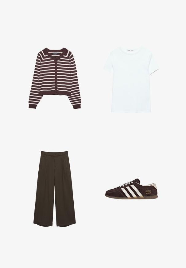 Bruine en crèmekleurige gestreepte cardigan, cropped ontwerp, met een ronde halslijn en zes knopen aan de voorkant, met geribde cuffs en zoom.; Effen wit katoenen T-shirt met korte mouwen en een ronde hals, plat gelegd op een witte achtergrond, zonder zichtbare patronen of logo's.; Donkerbruine broek met wijde pijpen, voorzien van riemlussen, voorplooien en zijzakken, plat op een witte achtergrond gelegd.; Bruine suède sneakers met drie witte strepen, rubberen zool en een tekstlabel met de tekst "Gazelle" in goud. Vetersluiting met grijze veters.
