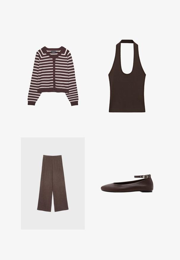 Brun og creme-stribet cardigan, kort design, med rund halsudskæring og seks frontknapper, samt ribbede manchetter og kant.; Mørkebrun ærmeløs halterneck-top med brede stropper og dyb rund udskæring lavet af ribstrikket stof.; Brune vidde bukser med elastisk talje, lavet af blødt, struktureret stof, vist fladt på en neutral baggrund.; Mørkebrune flade sko med rund tå og justerbar ankelrem med sølvspænde på hvid baggrund.
