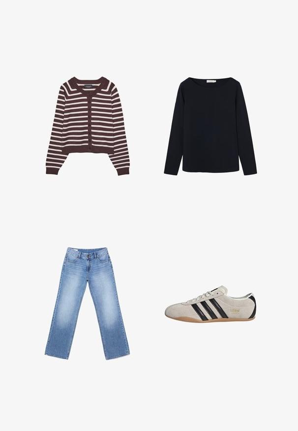Brun og creme-stribet cardigan, kort design, med rund halsudskæring og seks frontknapper, samt ribbede manchetter og kant.; Marineblå top med lange ærmer lavet af blødt stof, med bred halsudskæring og løs pasform. Simpelt design uden mønstre eller pynt.; Lyseblå cowboybukser med vide ben, forreste knaplukning, bæltestropper og falmede områder på lårene og knæene.; Suedesneakers med en grå overdel, sorte striber og en gummisål. Har snørelukning og en guldfarvet logo-detalje på siden.