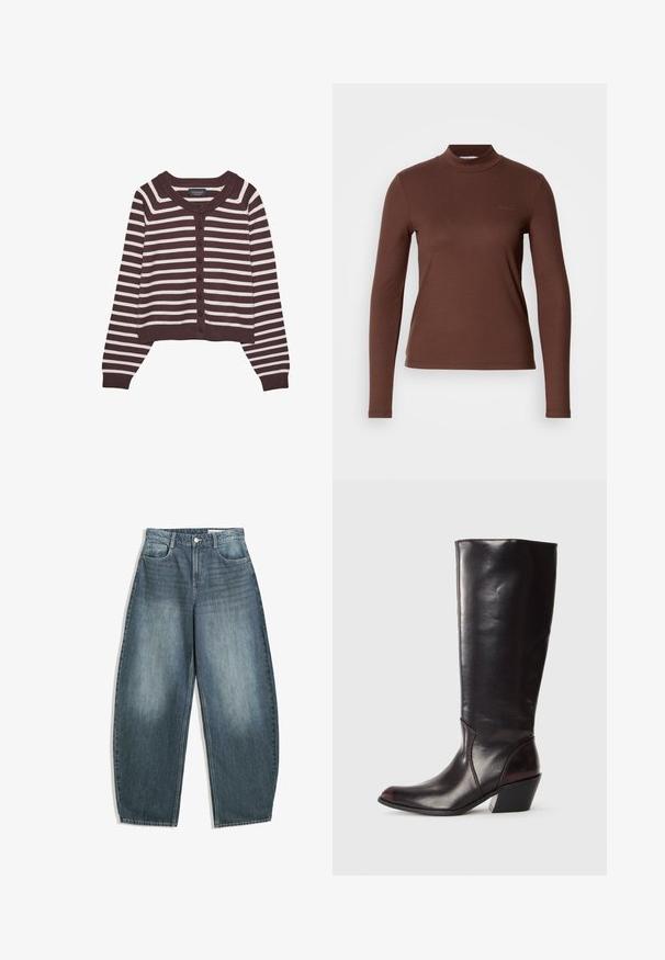 Brun og creme-stribet cardigan, kort design, med rund halsudskæring og seks frontknapper, samt ribbede manchetter og kant.; Brun langærmet ribbet turtleneck top med en tætsiddende design. Blød tekstur, minimalistisk stil med diskret branding på brystet.; Lys blå denim bredbenede jeans har høj talje, fem lommer, diskret fald og syninger langs sømmene.; Knæhøj, mørkebrun læderstøvle med spids tå, vinkelret blokhæl og en glat, blank overflade. Har et enkelt design og syningsdetaljer.