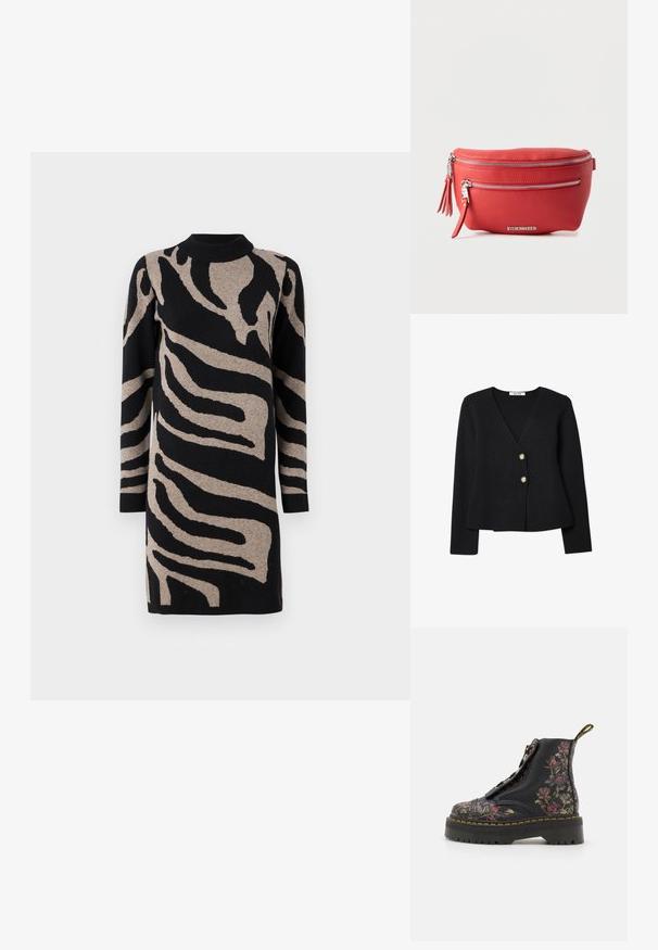 Schwarze gestrickte Strickjacke mit V-Ausschnitt, ausgestattet mit zwei goldenen Knöpfen und einem leicht ausgestellten Saum. Weiche Textur und lange Ärmel.; Strickkleid mit einem schwarz-beigen Zebra-Streifenmuster, hohem Kragen und langen Ärmeln, mit einer weichen Textur und lockerer Passform.; Dr. Martens SINCLAIR - Schnürstiefelette - black; Rote Leder-Bauchtasche von Steve Madden mit zwei silbernen Reißverschlussfächern und Quasten an den Reißverschlussgriffen auf weißem Hintergrund.