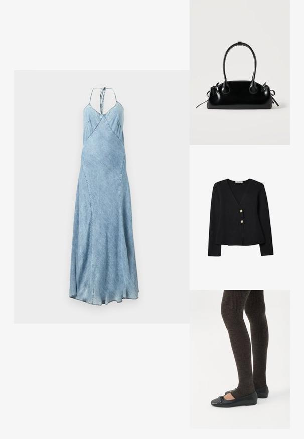 Sort strikket cardigan med v-udskæring, fremhævet af to guldknapper og en let udvidet kant. Blød struktur og lange ærmer.; Denimkjole i lys blå nuance med spaghetti-stropper, A-line snit og subtile plisseringer langs bodice. Lang, flydende silhuet.; Ben iført mørke ribbede leggings kombineret med sorte balletsko med små sløjfedetaljer på hvid baggrund.; Lille sort blank håndtaske med to lange håndtag og snøre-detaljer i siden på en ensfarvet lys baggrund.