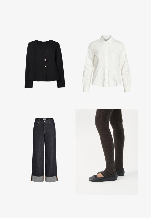 Sort strikket cardigan med v-udskæring, fremhævet af to guldknapper og en let udvidet kant. Blød struktur og lange ærmer.; Hvid skjorte med knapper lavet af bomuld, med klassisk krave, lange ærmer og diskrete pintuck-detaljer fortil. Glat tekstur.; Mørkeblå jeans med brede ben og opbuk ved kanterne, fem lommer og kontrastfuld gul syning.; Ben iført mørke ribbede leggings kombineret med sorte balletsko med små sløjfedetaljer på hvid baggrund.