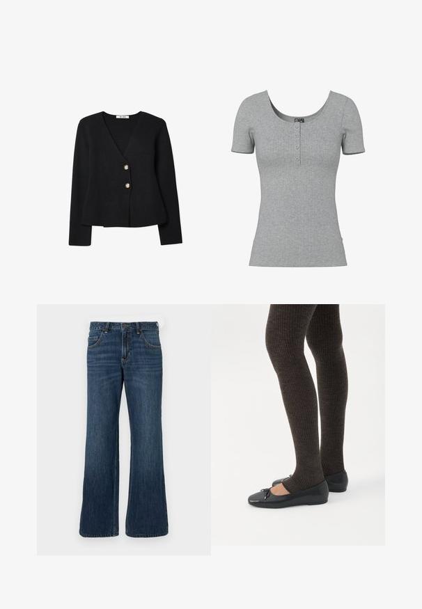 Sort strikket cardigan med v-udskæring, fremhævet af to guldknapper og en let udvidet kant. Blød struktur og lange ærmer.; Grå ribbet kortærmet top med en rund Halsudskæring og fire små knapper ned foran midt på.; Mørkeblå jeans med vide ben og klassisk design med fem lommer, der har knaplukning og diskret falming. Fremstillet af denimstof.; Ben iført mørke ribbede leggings kombineret med sorte balletsko med små sløjfedetaljer på hvid baggrund.