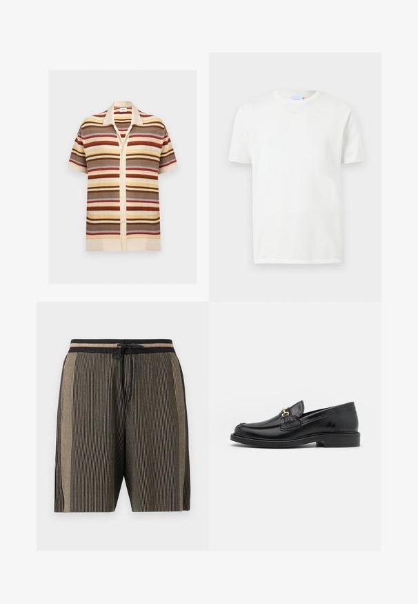 Gebreid overhemd met korte mouwen en knopen, met horizontale strepen in beige, bruin, crème, rood en gele tinten, met kraag en gestructureerde stof.; Effen wit T-shirt met korte mouwen en ronde hals, weergegeven op een lichtgrijze achtergrond.; Kniehoge gebreide shorts met verticale zwarte en beige strepen, elastische tailleband en zwart trekkoord aan de voorkant.; Zwarte leren instappers met een ronde neus, voorzien van een gouden hardware accent en stikdetails, geplaatst op een lage, getextureerde rubberen zool.
