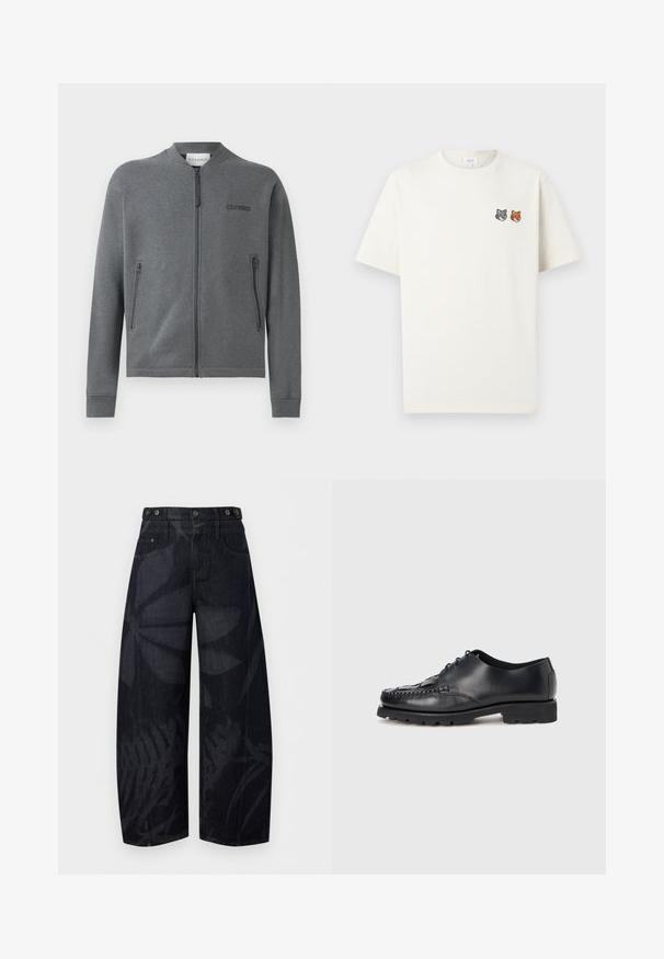 Grauer Reißverschluss-Sweatshirt aus weichem Material, mit gerippten Bündchen und zwei seitlichen Reißverschlusstaschen. Logo "CLOSED" auf der linken Brustseite.; Off-weißes kurzärmeliges T-Shirt mit rundem Halsausschnitt und kleinen, bestickten grauen Wolf- und orangefarbenen Fuchsköpfen auf der linken Brust.; Schwarze Denim-Hose mit hoher Taille und weitem Bein, dezenten dunklen Blattmustern und Knopfdetails am Bund.; Schwarze Leder-Schnürschuhe mit strukturierter Vorderseite, robuster Sohle und seitlichen Nähten, mit rundem Zehenbereich und minimalistischem Design.
