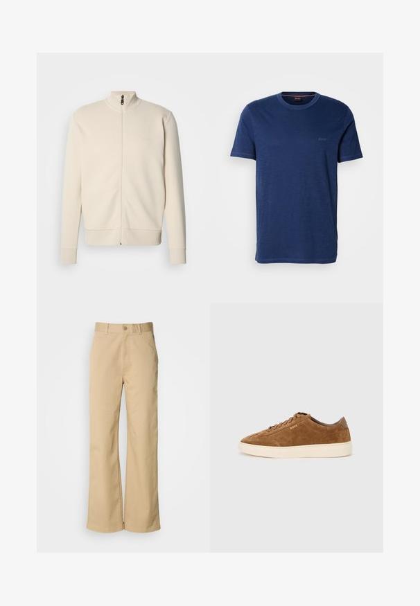 Sweat-shirt beige zippé avec col montant, poignets et ourlet côtelés. Présente un logo subtil sur la poitrine et un tissu doux et texturé.; T-shirt à manches courtes bleu marine, col rond, confectionné dans un tissu doux avec une texture subtile ; présente un petit logo de marque en haut à gauche.; Pantalon large beige en mélange coton. Fermeture par bouton et passants de ceinture. Texture lisse, avec des détails de couture minimaux.; Baskets en daim marron avec bout rond, semelle en caoutchouc crème et lacets ton sur ton. Présentent un logo en relief sur le côté et un panneau arrière lisse.