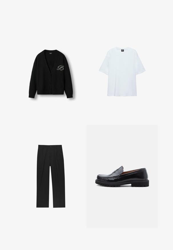 Cardigan noir en tricot avec un col en V, des manches longues et une fermeture à boutons. Présente un logo subtil en gris sur le côté gauche. Texture douce.; T-shirt blanc uni oversize à manches courtes avec col rond et étiquette noire à l'intérieur du col sur fond blanc.; Pantalons noirs au design droit, fabriqués à partir d'un tissu lisse. Dotés de plis sur le devant et d'une fermeture à un bouton à la taille.; Mocassin penny en cuir noir avec semelle en caoutchouc épaisse et couture moc toe, montré de profil sur un fond blanc.