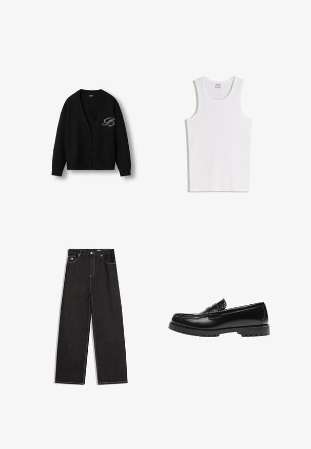 Cardigan noir en tricot avec un col en V, des manches longues et une fermeture à boutons. Présente un logo subtil en gris sur le côté gauche. Texture douce.; Débardeur blanc en coton avec un col rond et de larges bretelles. Texture lisse, sans motifs ni accents, design simple.; Jean noir à jambes larges avec surpiqûres blanches contrastantes, fermeture à bouton, passants pour ceinture, et design à cinq poches incluant une petite étiquette logo sur la poche avant.; Mocassin en cuir noir avec une semelle en caoutchouc épaisse et un détail classique de bride à monnaie, vu de côté extérieur.