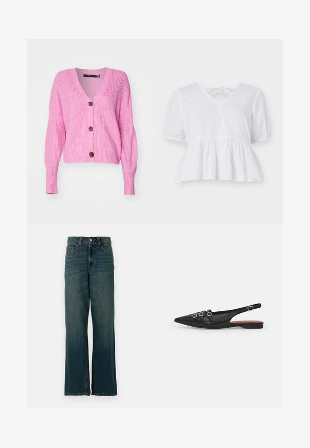 Vero Moda VMLEA V NECK CUFF CARDIGAN - Cardigan - pastel lavender; Hvid peplum top lavet af bomuld med korte pufærmer, en lav V-hals og en snørelukning bagpå. Glat tekstur, afslappet design.; Straight-leg blå denim jeans med fem lommer og knaplukning, vist på en hvid baggrund.; Sort læderslyngeflad sko med spids tå, der har to vandrette stropper og firkantede sølvspænder, lav hæl og glat tekstur.