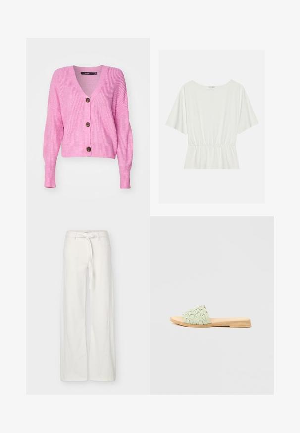 Vero Moda VMLEA V NECK CUFF CARDIGAN - Cardigan - pastel lavender; Hvid, kortærmet top med vid halsudskæring og rynket talje. Fremstillet af glat stof, har en løs pasform og et minimalistisk design.; Hvide bukser med brede ben, frontlommer og et stofbælte bundet i taljen, vist på en ensfarvet baggrund.; Lysegrøn slip-on sandal med udskæringsdesign på overdelen og en naturlig trætekstureret sål. Flad og minimalistisk profil.
