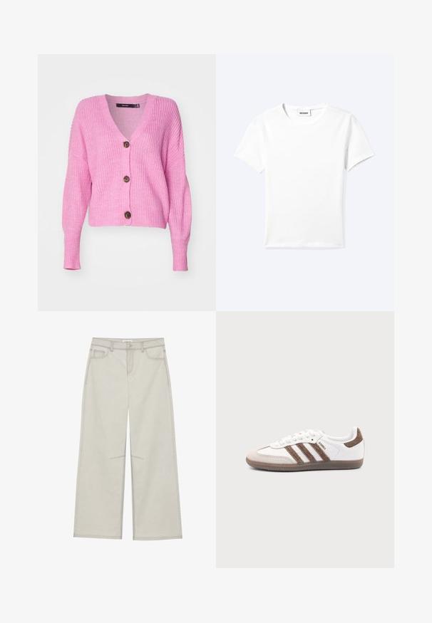 Vero Moda VMLEA V NECK CARDIGAN - Ζακέτα - pastel lavender; Απλό λευκό μπλουζάκι με κοντά μανίκια και στρογγυλή λαιμόκοψη, με μια μικρή ετικέτα "WEEKDAY" μέσα στο λαιμό, εμφανίζεται απλωμένο πάνω σε ανοιχτό φόντο.; Ανοιχτό γκρι παντελόνι σε φαρδιά γραμμή με πέντε τσέπες, μπροστά κλείσιμο με κουμπί και αντίθεση ραφές κατά μήκος των ραφών. Το ύφασμα φαίνεται μαλακό και ανθεκτικό.; Λευκό αθλητικό παπούτσι Adidas Samba με καφέ σουέντ ρίγες, καφέ λαστιχένια σόλα και μπεζ καπάκι δακτύλου από σουέντ, εμφανιζόμενο από την εξωτερική πλευρά σε απλό φόντο.