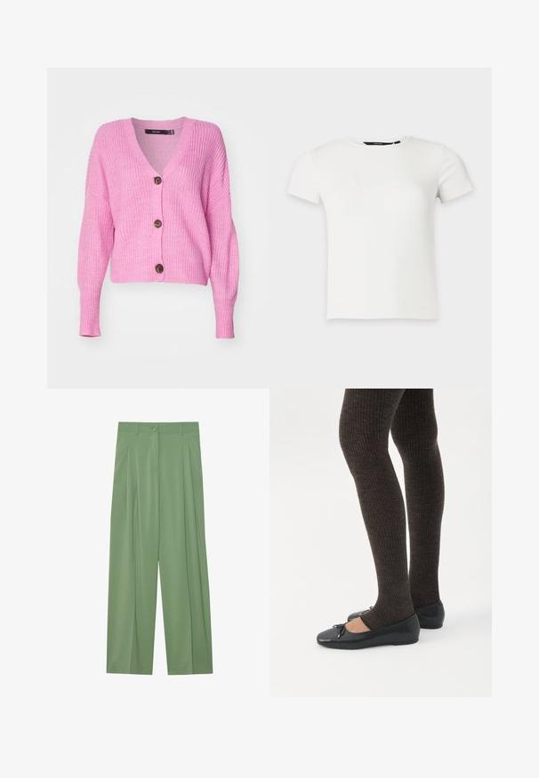 Vero Moda VMLEA V NECK CARDIGAN - Ζακέτα - pastel lavender; Λευκό πλεκτό μπλουζάκι με κοντά μανίκια και στρογγυλή λαιμόκοψη, απεικονισμένο σε απλό ανοιχτό γκρι φόντο.; Πράσινα παντελόνια σε φαρδιά γραμμή από λείο ύφασμα. Διαθέτουν plissé μπροστά, κλείσιμο με ένα κουμπί και θηλιές ζώνης.; Πόδια με σκουρόχρωμα ριμπ κολάν συνδυασμένα με μαύρα μπαλαρίνα παπούτσια με μικρές λεπτομέρειες φιόγκων σε λευκό φόντο.
