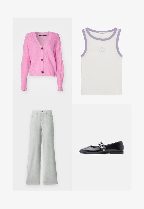 Vero Moda VMLEA V NECK CUFF CARDIGAN - Cardigan - pastel lavender; Hvid ærmeløs tanktop med ribbet tekstur. Har lavendelkrave og udskæringskant, samt et broderet spade-design foran.; Stribede bukser med vidde lavet af letvægtsstof, prydet med lodrette blå og hvide striber, højt liv og frontlommer.; Sort laklæder flad sko med firkantet tå, sidespænde detalje og en lav, rund hæl. Glat tekstur og minimalistisk design.
