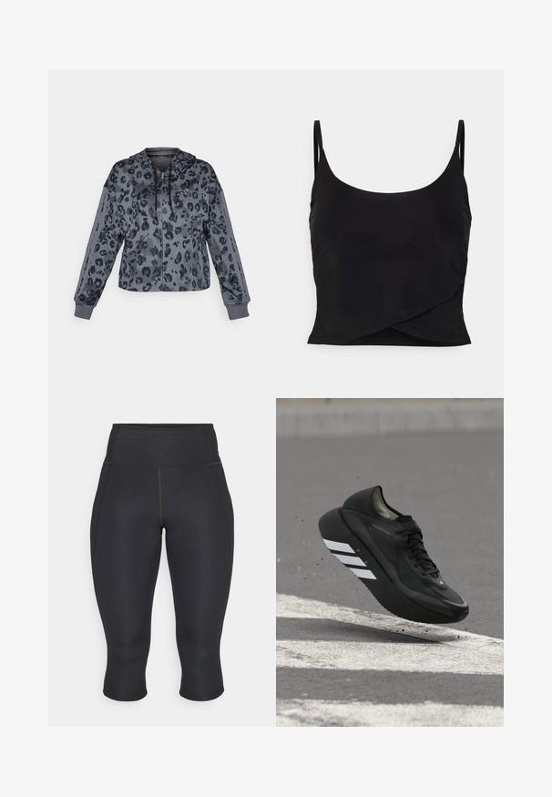 Gekürzte graue Kapuzenjacke mit schwarzem Leopardenmuster, ausgestattet mit einer verstellbaren Kapuze, einem Reißverschluss und schwarzen Akzenten an den Ärmeln.; Even&Odd active by Zalando Top - black; Schwarze Capri-Leggings aus dehnbarem Stoff. Hohe Taille mit seitlichen Nähten und versäubertem Saum, glatte Textur, keine sichtbaren Muster.; Schwarzer Laufschuh mit weißen Streifen auf der Sohle, schwebt über Asphalt mit weißen Straßenmarkierungen und wirbelt kleine Schmutzpartikel auf.