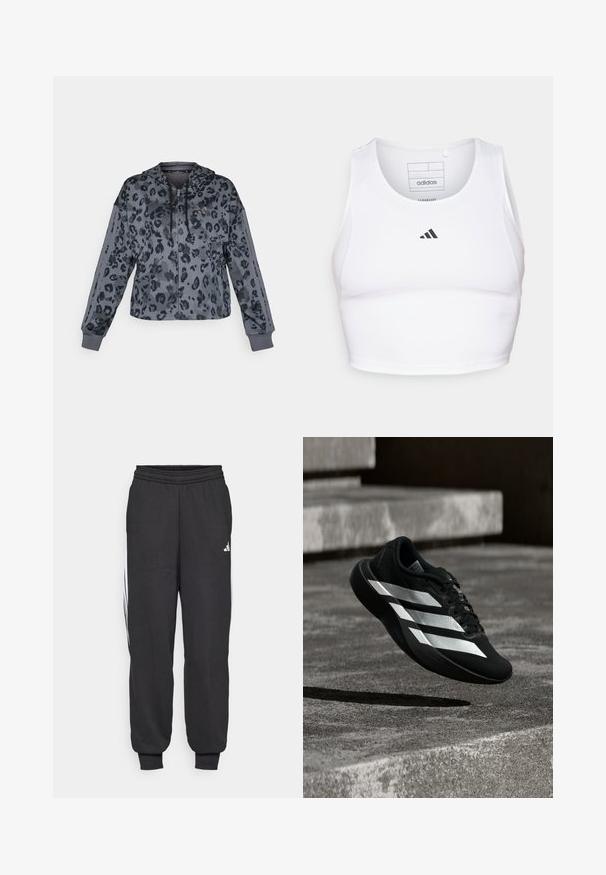 Afkortet grå hættetrøje med sort leopardprint, udstyret med justerbar hætte, lynlås lukning og sorte detaljer langs ærmerne.; Hvid atletisk crop top lavet af letvægts, åndbart stof. Har mesh-sider og sort broderet logo på brystet.; Sorte træningsbukser med elastisk talje, indsnævrede ankler og hvide sidelister. Lavet af blødt stof med en glat tekstur.; Sort løbesko med tre hvide striber, der svæver over betontrin og kaster en skygge nedenunder.