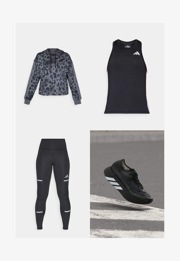 Sudadera gris recortada con estampado de leopardo negro, que cuenta con capucha ajustable, cierre de cremallera y detalles en negro en las mangas.; Top atlético negro de corte ajustado, fabricado en un material sintético suave, con el logo blanco de Adidas y detalles en los lados.; Leggings negros con una cinturilla alta, hechos de material suave. Presentan rayas reflectantes blancas cerca de las rodillas y un logo de Adidas.; Zapatilla de correr negra con rayas blancas en la suela, suspendida sobre el asfalto con señalizaciones viales blancas, levantando pequeños escombros.