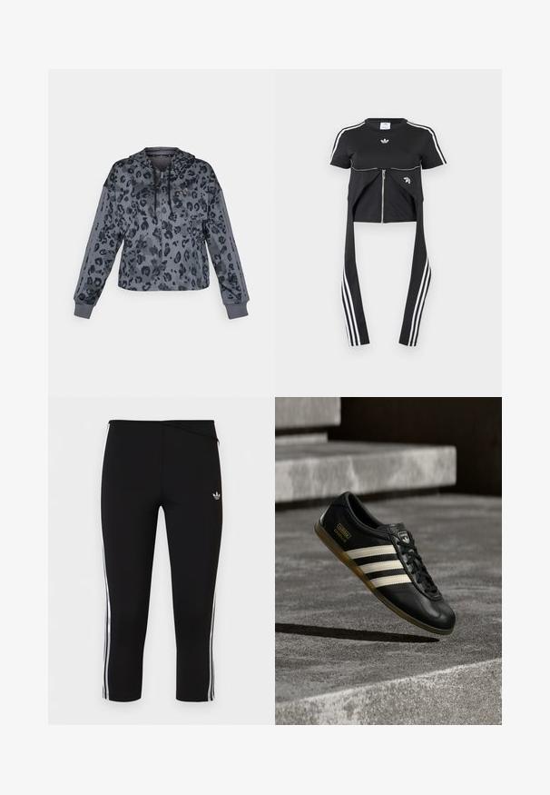 Afkortet grå hættetrøje med sort leopardprint, udstyret med justerbar hætte, lynlås lukning og sorte detaljer langs ærmerne.; Sort kortærmet top med hvide Adidas-striber på ærmerne, lynlåsdetaile foran og forlængede stofpaneler, der hænger ned med tre hvide striber.; Sorte korte leggings med hvide tre-stribede sidelommer og lille Adidas trefoil-logo på venstre lår.; Sort lædersneaker med hvidt trestribet design, teksturerede detaljer, sorte snørebånd og en gum-sål. Brandlogo synligt på tungen.