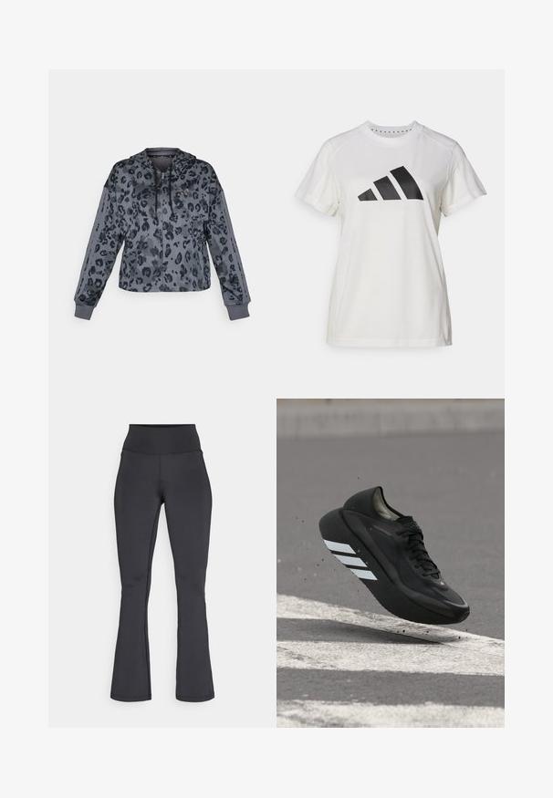 Sudadera gris recortada con estampado de leopardo negro, que cuenta con capucha ajustable, cierre de cremallera y detalles en negro en las mangas.; Camiseta atlética blanca de tejido suave. Presenta mangas cortas y un gran logotipo negro de Adidas con tres rayas debajo.; Leggings de tiro alto y acampanados en negro con costuras visibles, hechos de una tela elástica y suave, mostrados en posición plana sobre un fondo blanco.; Zapatilla de correr negra con rayas blancas en la suela, suspendida sobre el asfalto con señalizaciones viales blancas, levantando pequeños escombros.